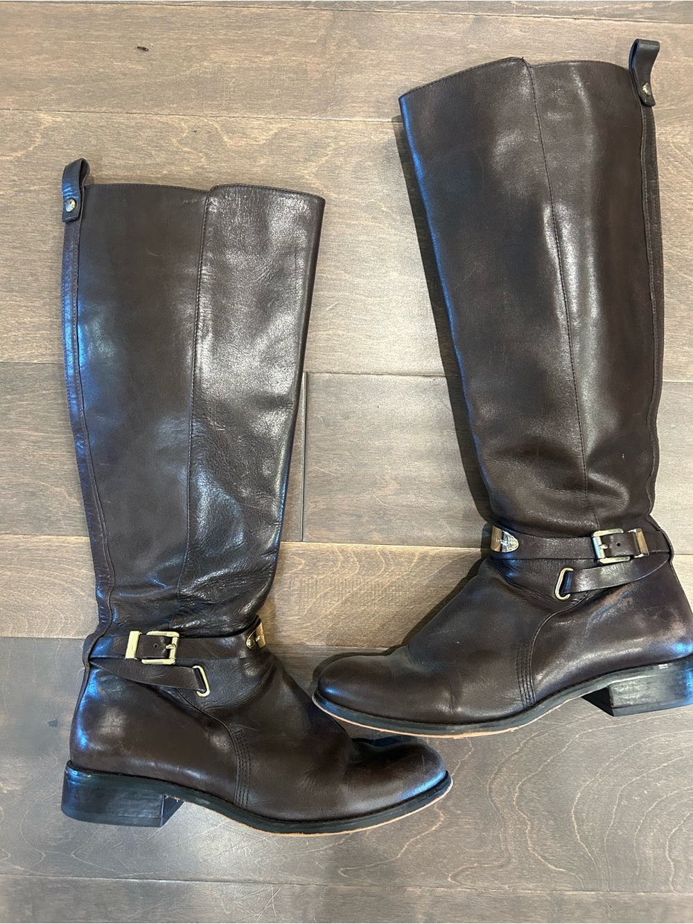 Michael Kors Dark Brown Leather Riding Boots with Gold Hardware